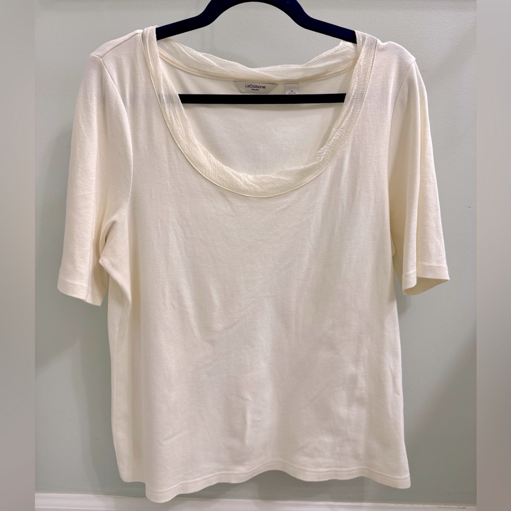 Liz Claiborne 100% Pima Cotton Cream Top With Gauze Trimmed Collar- Size XL